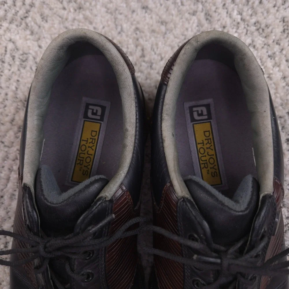 FootJoy DryJoys Tour Golf Shoes Mens Size 9 Black Brown Leather Lace Up Spikes